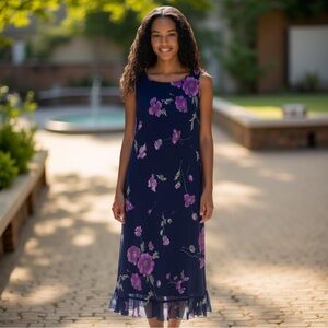 Talbots Sleeveless Black Dress with Purple Floral Maxi Design & Ruffled Hem 6